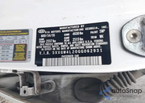 2016 Kia Optima Sx Turbo z USA, uszkodzony, nr VIN 5XXGW4L20GG062931